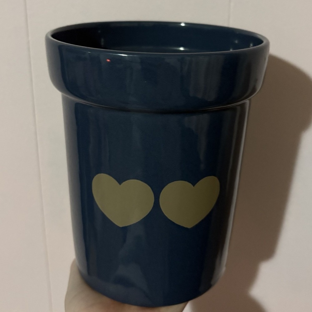 Vtg Treasure Craft USA Navy Blue W Hearts Planter Vase Utensil Holder 6.5" Tall